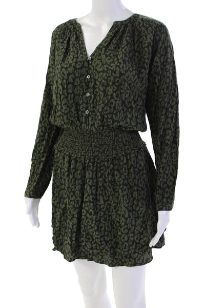 Rails Womens Long Sleeve V Neck Smocked Leopard Dress Green Black Size Small