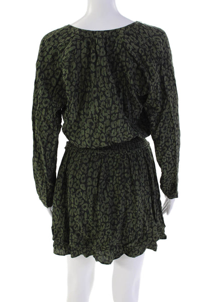 Rails Womens Long Sleeve V Neck Smocked Leopard Dress Green Black Size Small