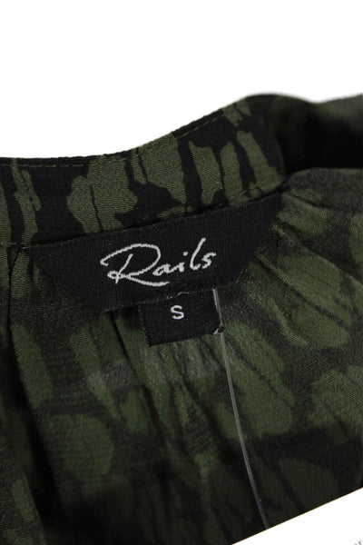 Rails Womens Long Sleeve V Neck Smocked Leopard Dress Green Black Size Small
