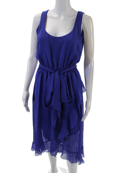 Belle Badgley Mischka Womens Check Plaid Ruffle Hem Asymmetrical Dress Blue Size