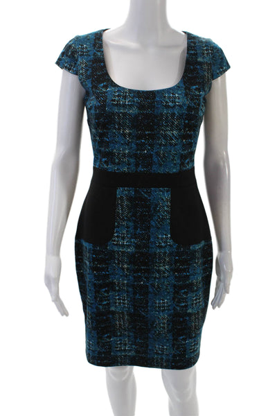Badgley Mischka Womens Plaid Short Sleeves Pencil Dress Blue Black Size 4