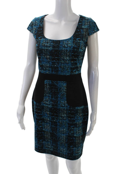 Badgley Mischka Womens Plaid Short Sleeves Pencil Dress Blue Black Size 4