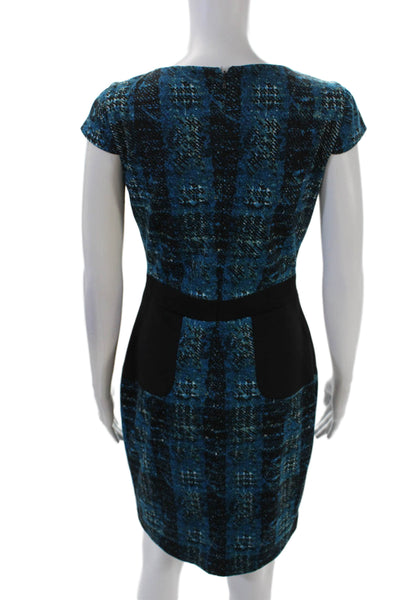 Badgley Mischka Womens Plaid Short Sleeves Pencil Dress Blue Black Size 4