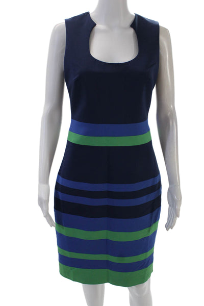 Belle Badgley Mischka Womens Striped Sleeveless Sheath Dress Navy Blue Size 4