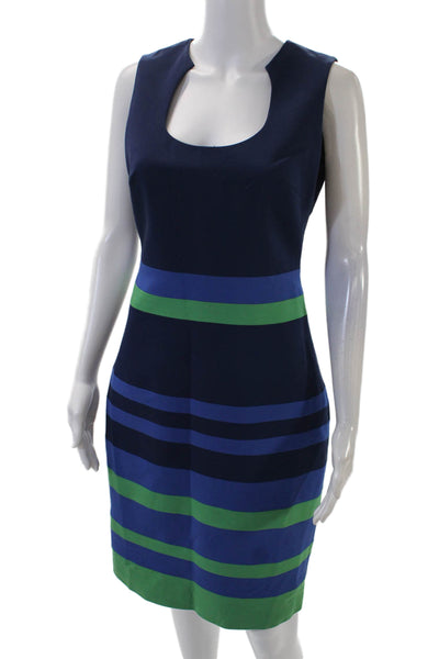 Belle Badgley Mischka Womens Striped Sleeveless Sheath Dress Navy Blue Size 4