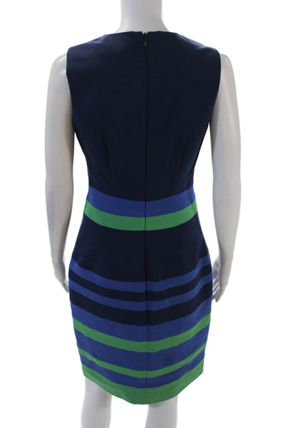 Belle Badgley Mischka Womens Striped Sleeveless Sheath Dress Navy Blue Size 4