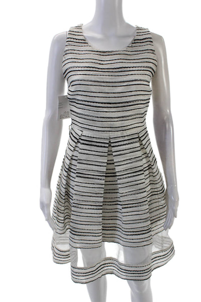 Belle Badgley Mischka Womens Striped Pleated A Line Dress White Black Size 4