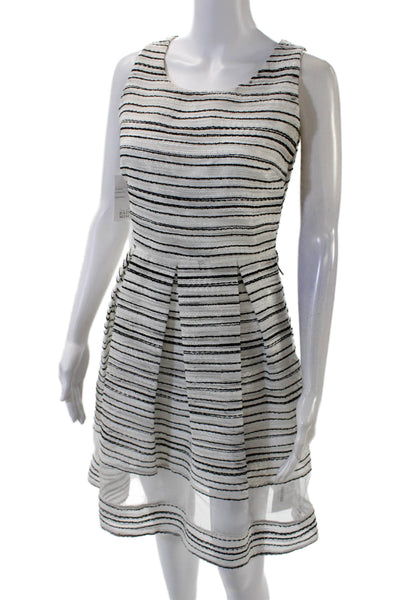 Belle Badgley Mischka Womens Striped Pleated A Line Dress White Black Size 4