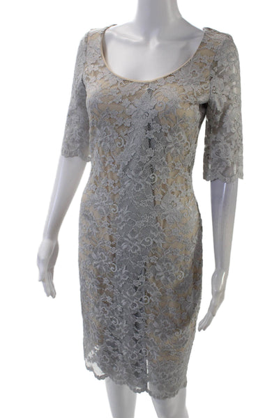 Belle Badgley Mischka Womens Lace Body Con Alexandra Dress Platinum Gray Size 4