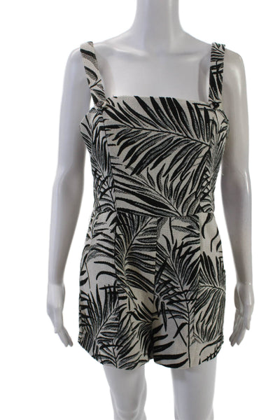Badgley Mischka Womens Leaf Print Sleeveless Romper White Black Cotton Size 6