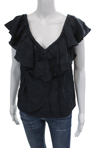 Rebecca Taylor Womens Short Sleeve Ruffled V Neck Silk Blouse Navy Blue Size 2