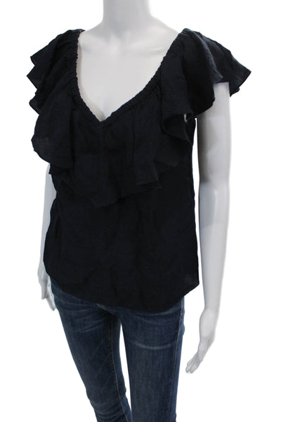 Rebecca Taylor Womens Short Sleeve Ruffled V Neck Silk Blouse Navy Blue Size 2