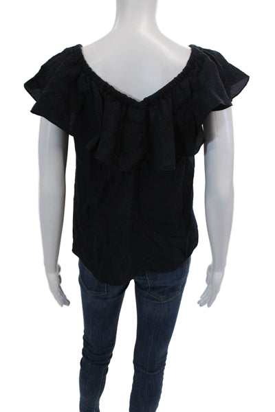 Rebecca Taylor Womens Short Sleeve Ruffled V Neck Silk Blouse Navy Blue Size 2