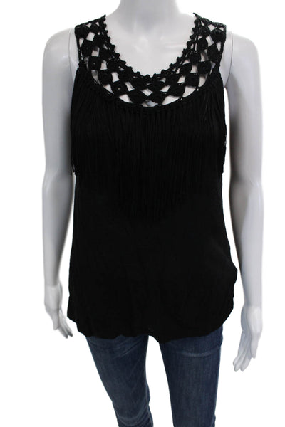 Ella Moss Womens Sleeveless Scoop Neck Crochet Knit Fringe Top Black Size XS