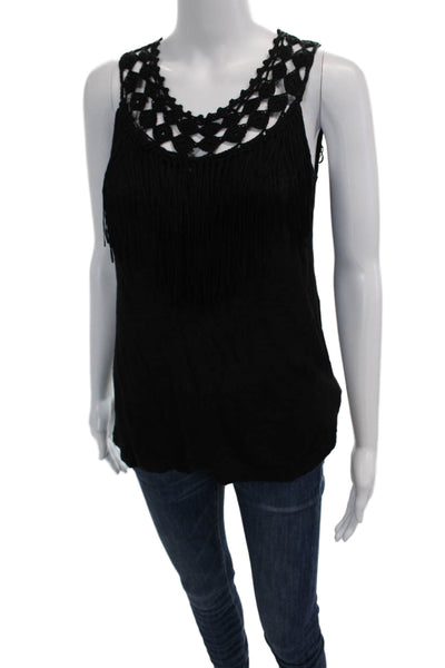 Ella Moss Womens Sleeveless Scoop Neck Crochet Knit Fringe Top Black Size XS