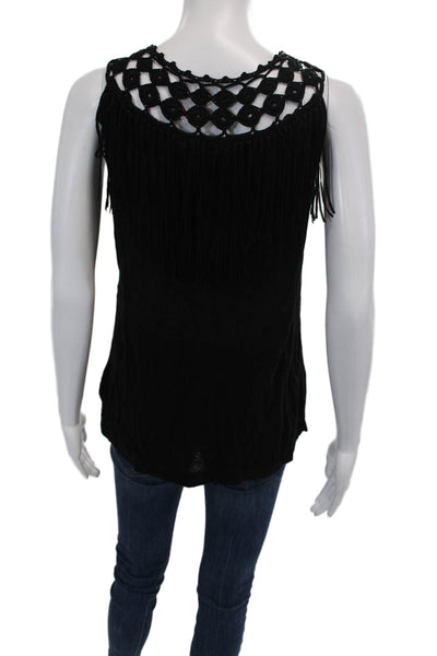 Ella Moss Womens Sleeveless Scoop Neck Crochet Knit Fringe Top Black Size XS