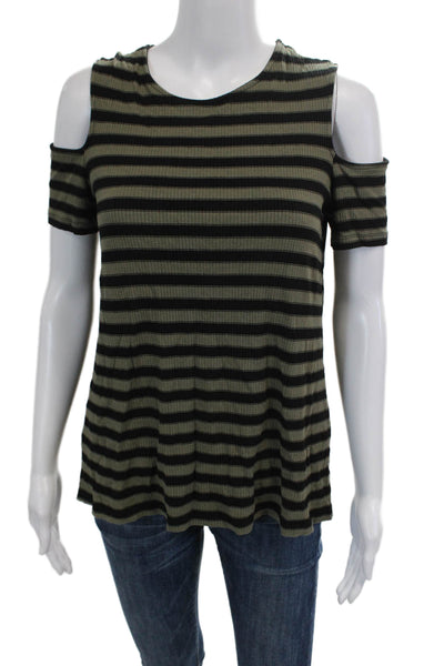 Michael Stars Womens Cold Shoulder Ribbed Striped Shirt Brown Black One Size
