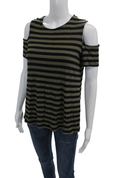 Michael Stars Womens Cold Shoulder Ribbed Striped Shirt Brown Black One Size