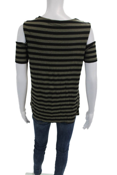Michael Stars Womens Cold Shoulder Ribbed Striped Shirt Brown Black One Size