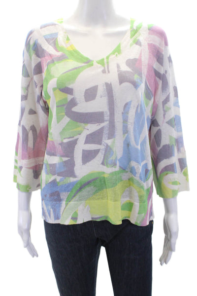 Kinross Womens Linen Abstract V-Neck Pullover Sweater Top Multicolor Size XS