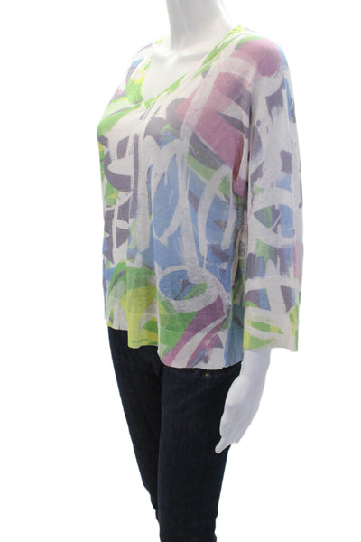 Kinross Womens Linen Abstract V-Neck Pullover Sweater Top Multicolor Size XS