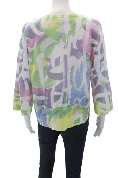 Kinross Womens Linen Abstract V-Neck Pullover Sweater Top Multicolor Size XS