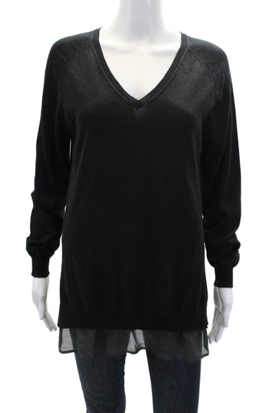 Falconeri Womens Wool Blend Knit V-Neck Pullover Sweater Top Black Size L