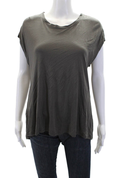 BCBGMAXAZRIA Womens Faux Leather Trim Short Sleeve T-Shirt Top Gray Size S