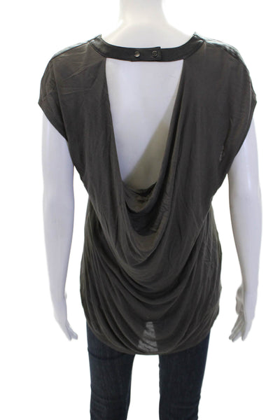 BCBGMAXAZRIA Womens Faux Leather Trim Short Sleeve T-Shirt Top Gray Size S