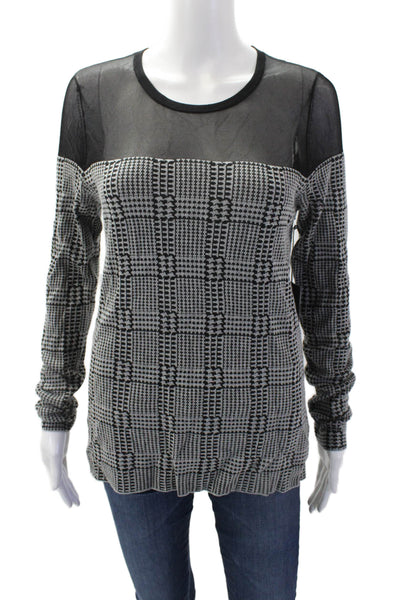 Vince Camuto Womens Long Sleeve Houndstooth Print Mesh Trim Top Black Size S