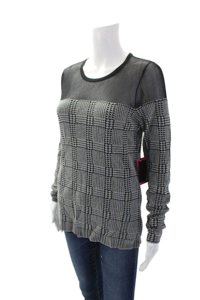 Vince Camuto Womens Long Sleeve Houndstooth Print Mesh Trim Top Black Size S