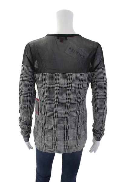 Vince Camuto Womens Long Sleeve Houndstooth Print Mesh Trim Top Black Size S