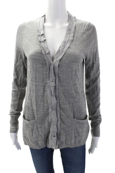 Elie Tahari Womens Merino Wool V Neck Snap Closure Cardigan Gray Size M