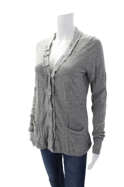 Elie Tahari Womens Merino Wool V Neck Snap Closure Cardigan Gray Size M