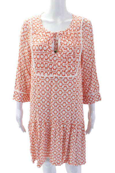 Heidi Klein Women's V-Neck 3/4 Sleeves Tiered Pinted Mini Dress Orange Size L
