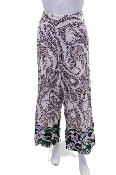 Tahari Womens Linen Floral Print Wide Leg Twyla Pants White Multi Colored Size 1