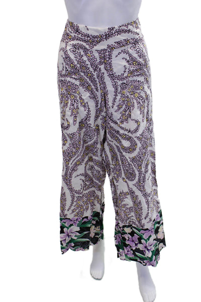Tahari Womens Linen Floral Print Wide Leg Pants White Multi Colored Size Medium