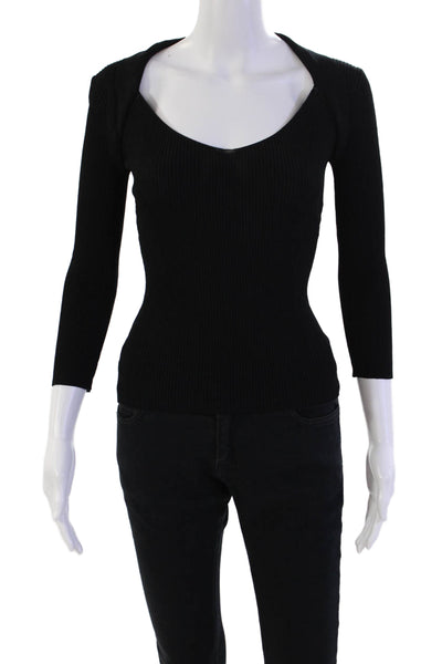 Yarns Womens Pullover 3/4 Sleeve V Neck Ribbed Knit Top Black Size Small