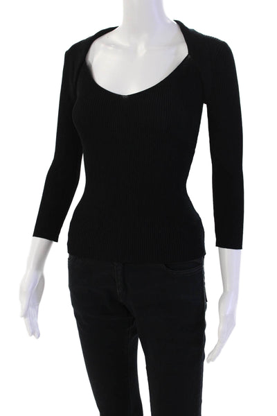 Yarns Womens Pullover 3/4 Sleeve V Neck Ribbed Knit Top Black Size Small