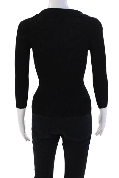 Yarns Womens Pullover 3/4 Sleeve V Neck Ribbed Knit Top Black Size Small