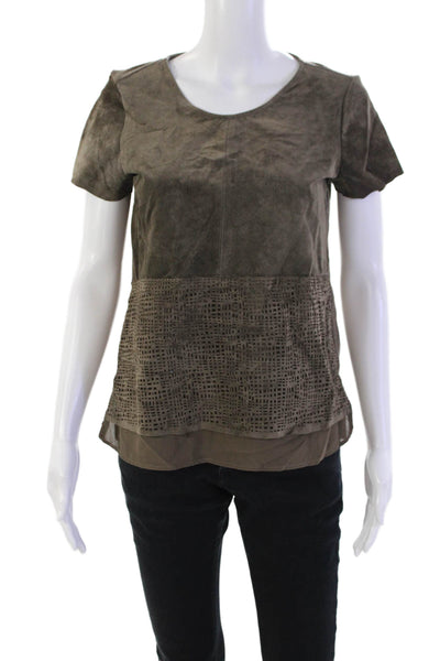Ecru Womens Back Zip Short Sleeve Scoop Neck Suede Knit Top Brown Size Small