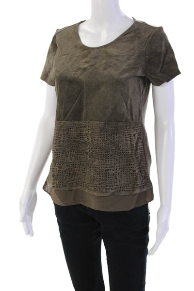 Ecru Womens Back Zip Short Sleeve Scoop Neck Suede Knit Top Brown Size Small