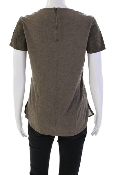 Ecru Womens Back Zip Short Sleeve Scoop Neck Suede Knit Top Brown Size Small
