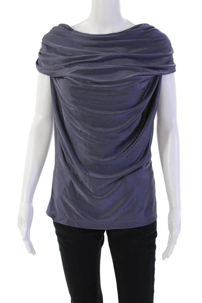 Poleci Womens Sleeveless Scoop Neck Ruched Knit Top Blouse Blue Size Small
