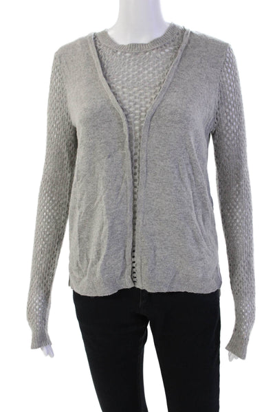 Rebecca Taylor Womens Long Sleeve Scoop Neck Open Knit Trim Sweater Gray Small
