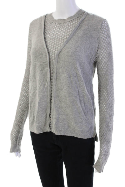 Rebecca Taylor Womens Long Sleeve Scoop Neck Open Knit Trim Sweater Gray Small