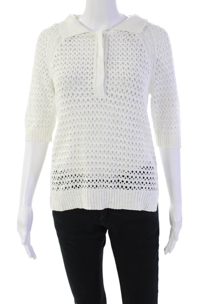 Michael Stars Womens Short Sleeve Collared Open Knit Shirt White Cotton Size XS