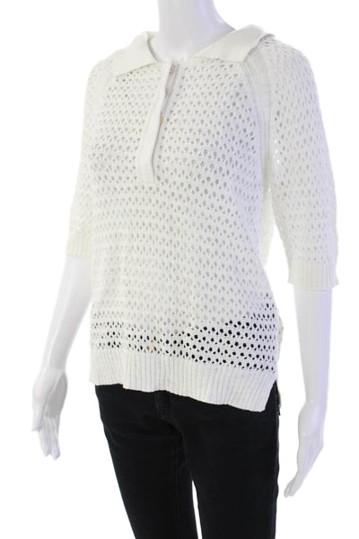 Michael Stars Womens Short Sleeve Collared Open Knit Shirt White Cotton Size XS