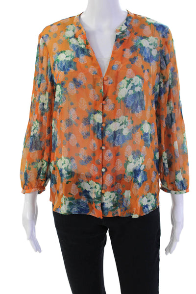 Ecru Womens Button Front 3/4 Sleeve V Neck Floral Blouse Orange Blue Size Small