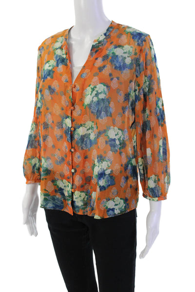 Ecru Womens Button Front 3/4 Sleeve V Neck Floral Blouse Orange Blue Size Small